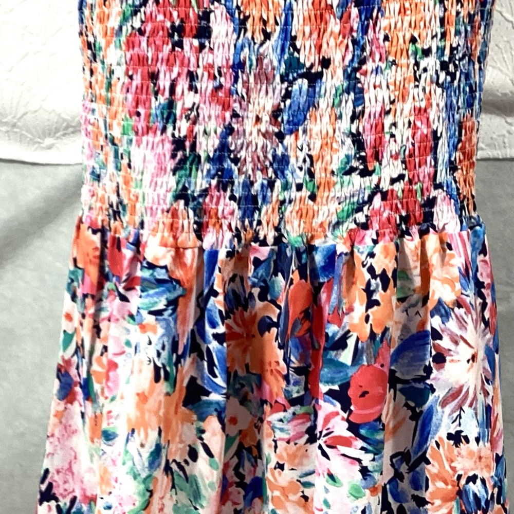 NWT Large Luxxel Multicolor Floral Midi Dress smocked body ruffle - Picture 9 of 16